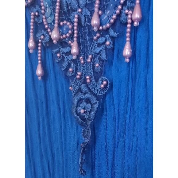 David Rose Maxi Dress Womens 12 Royal Blue Crinkle Material Beaded Embellished - Picture 4 of 16